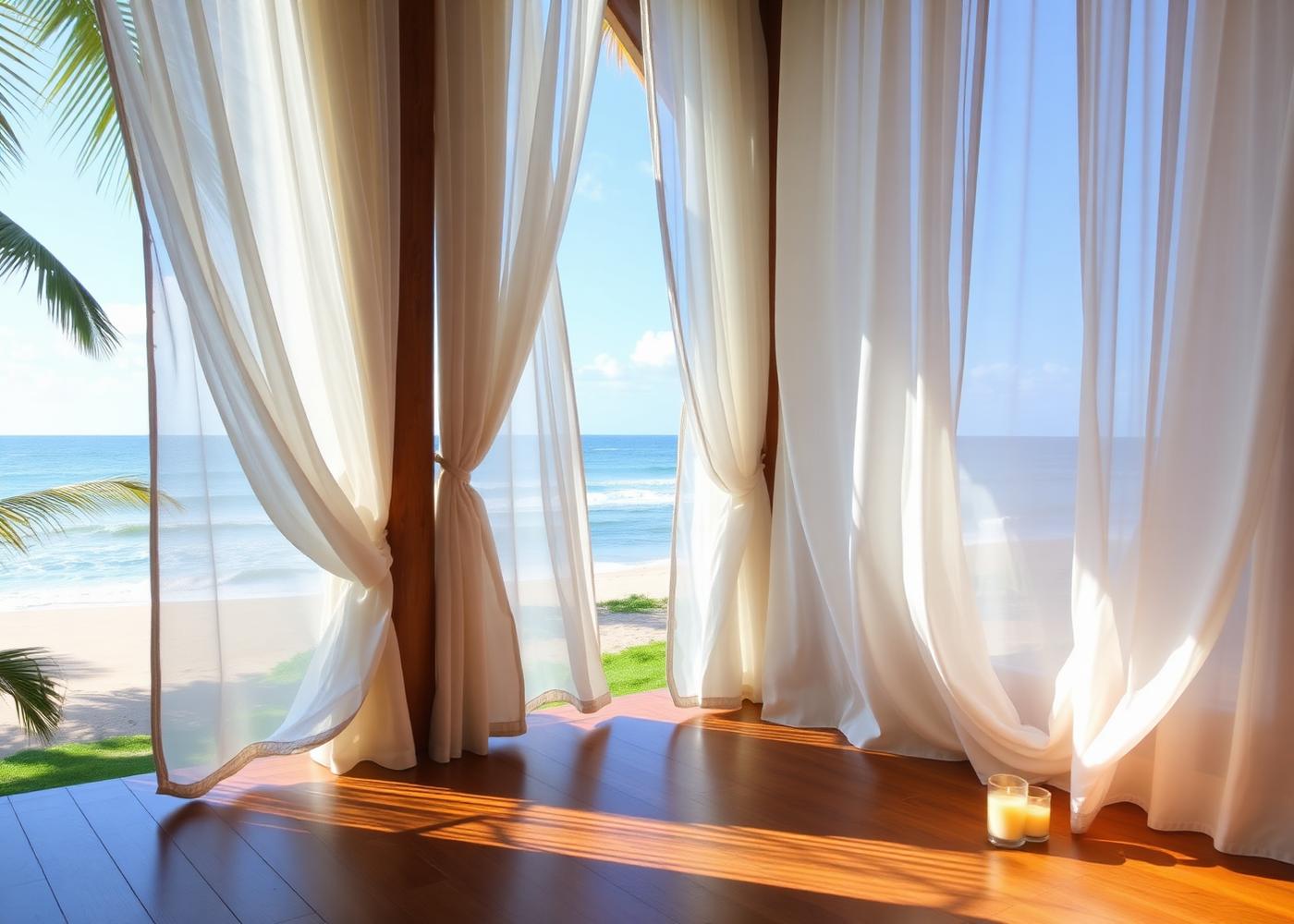 Spa room with linen curtains opening to the ocean