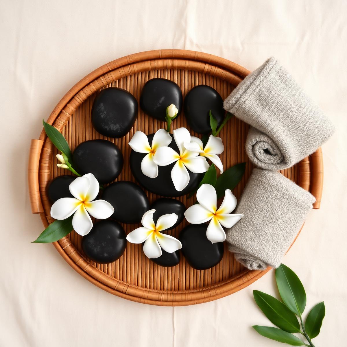 Hot stones and frangipani on a bamboo tray